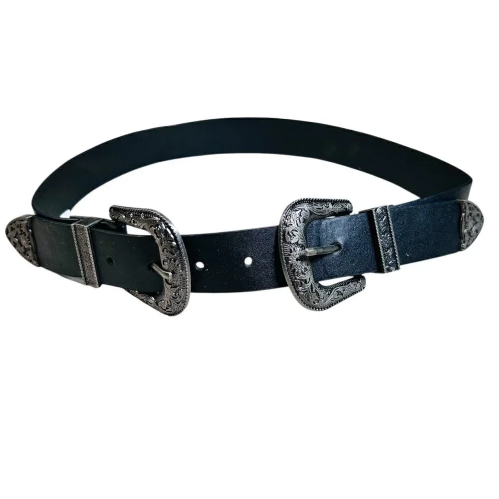 Vintage Western Belt Double Buckle Black Vegan Leather Boho